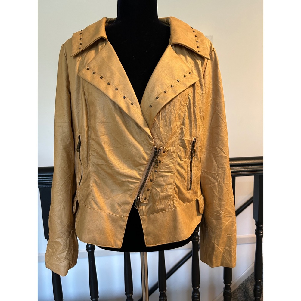 Svetlana Mustard Yellow Studded Faux Leather Moto Jacket Asymmetric Zip Size 8